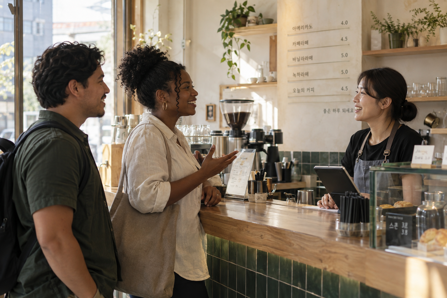 An international visitor ordering coffee from a Korean barista in a sunlit café.
