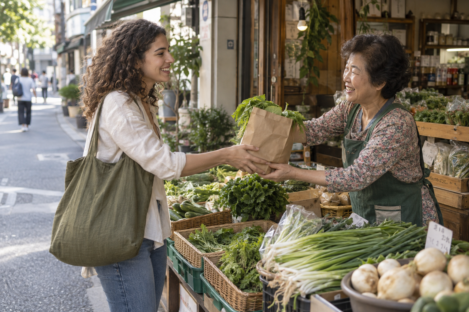 An international resident buying vegetables from a Korean neighborhood shopkeeper.