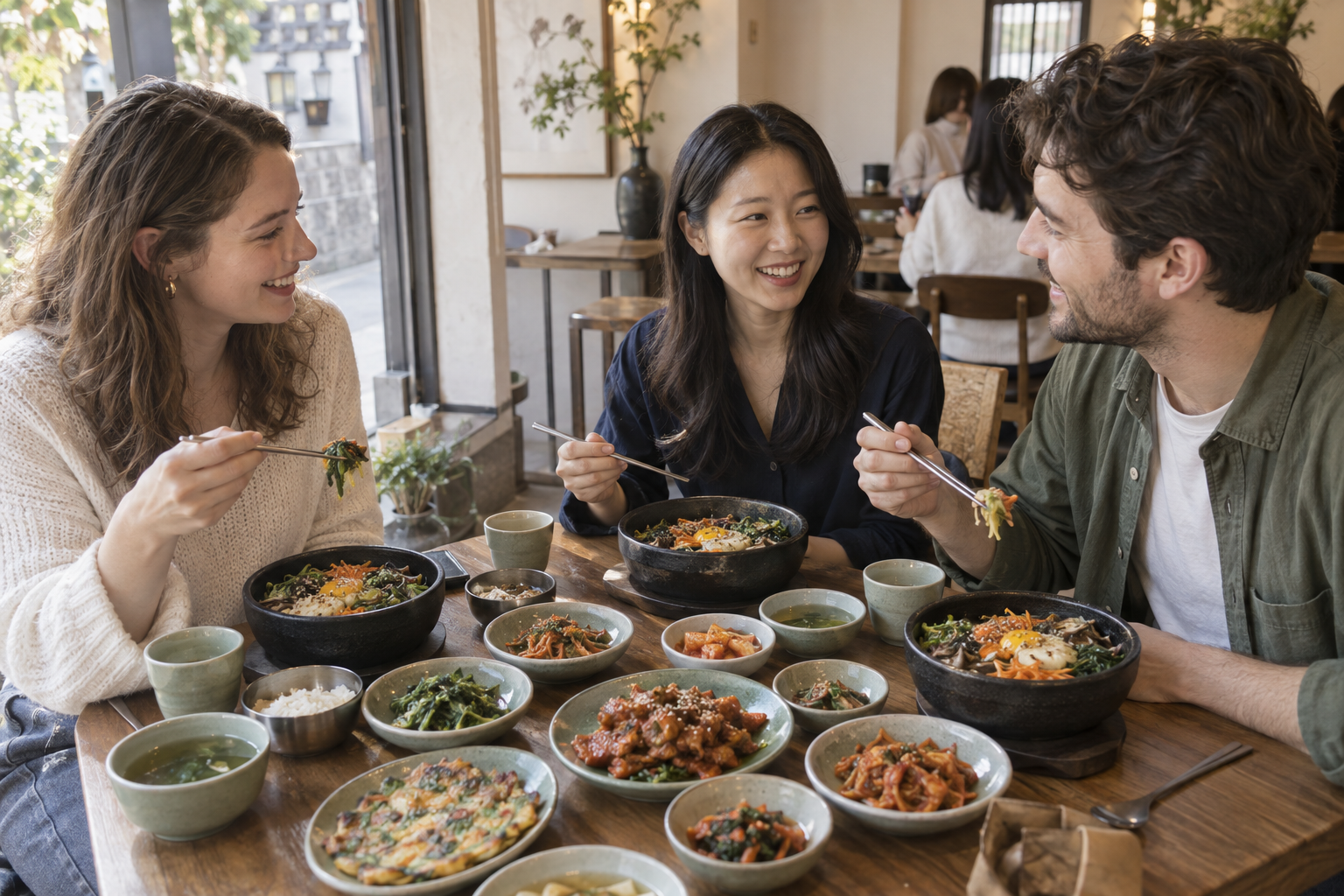 International and Korean friends sharing food and conversation over a neighborhood lunch.