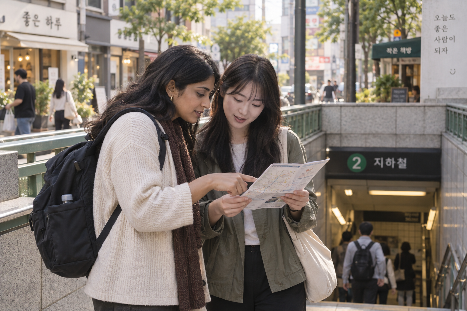 An international traveler and Korean friend finding their way at a Seoul subway entrance.